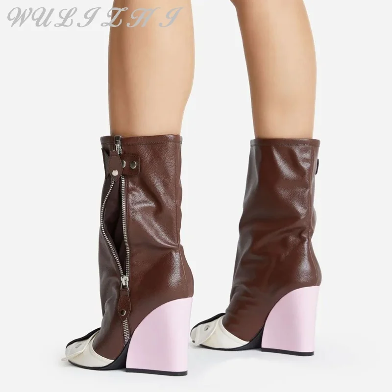 Designer Gemengde Wig Dames Mid Calf Laarzen Lederen Chunk Hak Vierkante Neus Rits Slip-On Moderne Laarzen Grote Maat Korte Botas