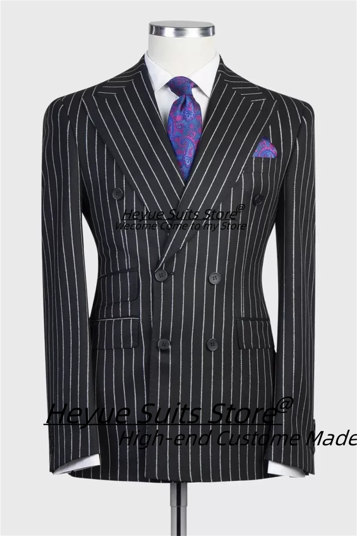 

Handsome Stripe Business Men Suits Slim Fit Double Breasted Groom Formal Tuxedos 2 Pcs Sets Peak Lapel Male Blazers Ropa Hombre