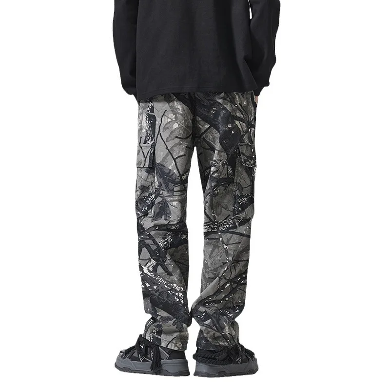 خريف جديد ملابس قطنية مموهة للرجال ماركة أزياء متقدمة تصميم جيب كبير فضفاض مستقيم الساق سراويل تقليدية #5