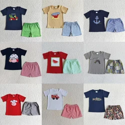 Wholesale Baby Boy Summer Outfit Toddler Short Sleeves Embroidery Fish Watermelon Trucks Cow Shirt Children Shorts Kids Set