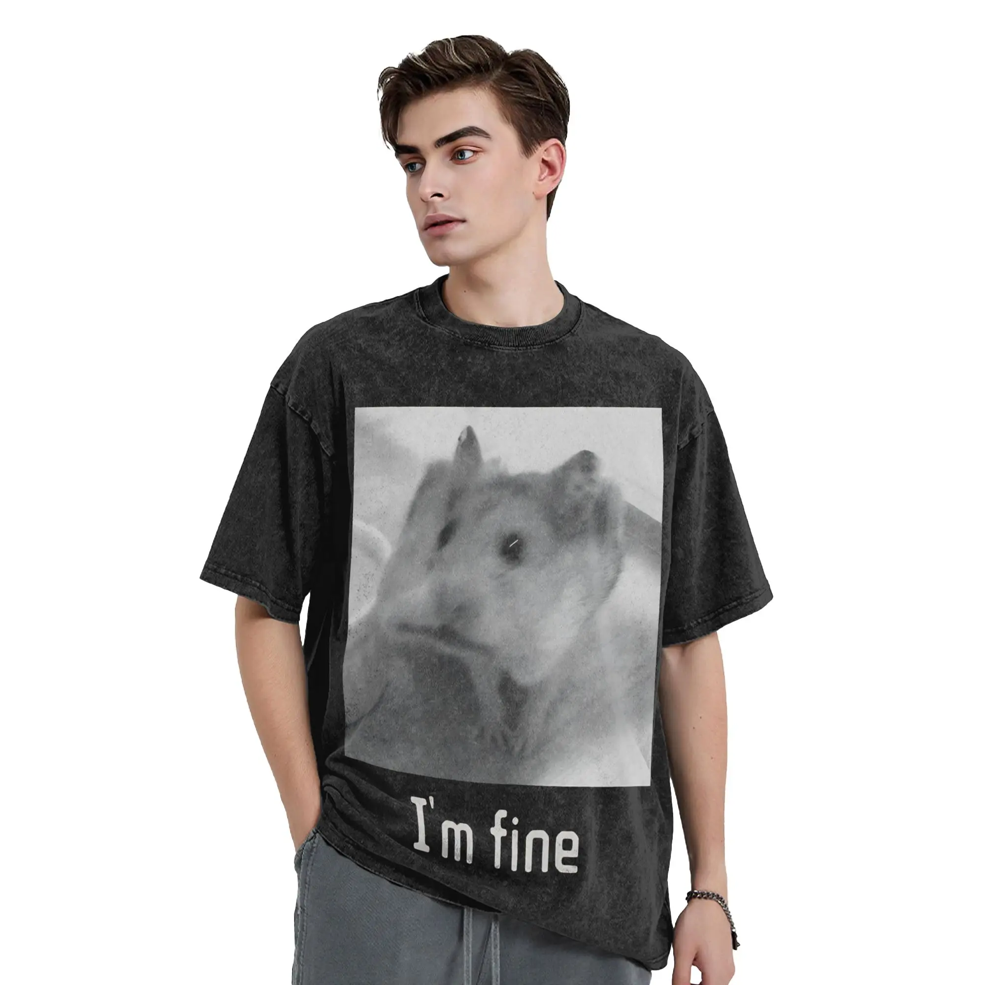Washed T Shirt Im Fine Hamster Cute Chaos Animal Hip Hop Retro T-Shirts Street  Streetwear Short Sleeve Graphic Tees Men Women view 2