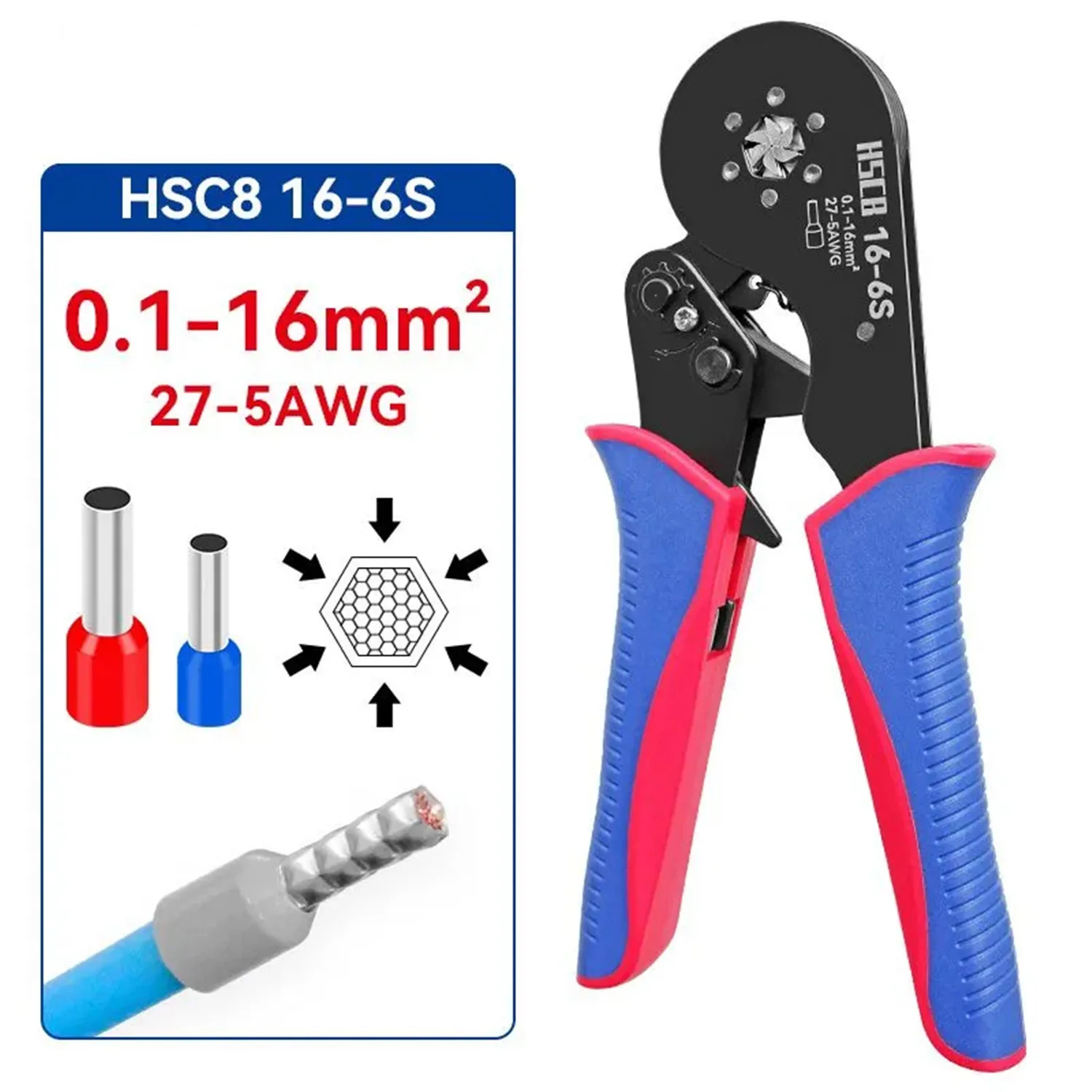 Alicates Prensadores HSC816‑6S, Herramienta Prensado Virola Mini Terminal Tubular, 0,1‑16 Mm² / 27‑5AWG, Alicate Eléctrico