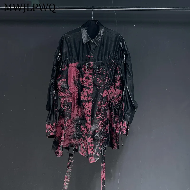 

MWJLPWQ Pleated Floral Design Wine Red Shirt Male High Street Lapel Single Breasted Clothing 2025 New Loose Casual Unisex Tops