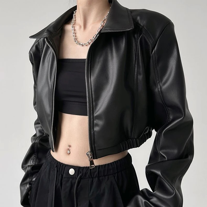 

Женская куртка из искусственной кожи с подплечниками, укороченная байкерская куртка с воротником с лацканами и длинными рукавами, милое острое весенне-осеннее мотоциклетное пальто
