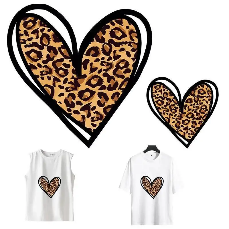 

Fashion heart-shaped leopard print heat transfer women's T-shirt DIY printed heat transfer vinyl in-wash stickers