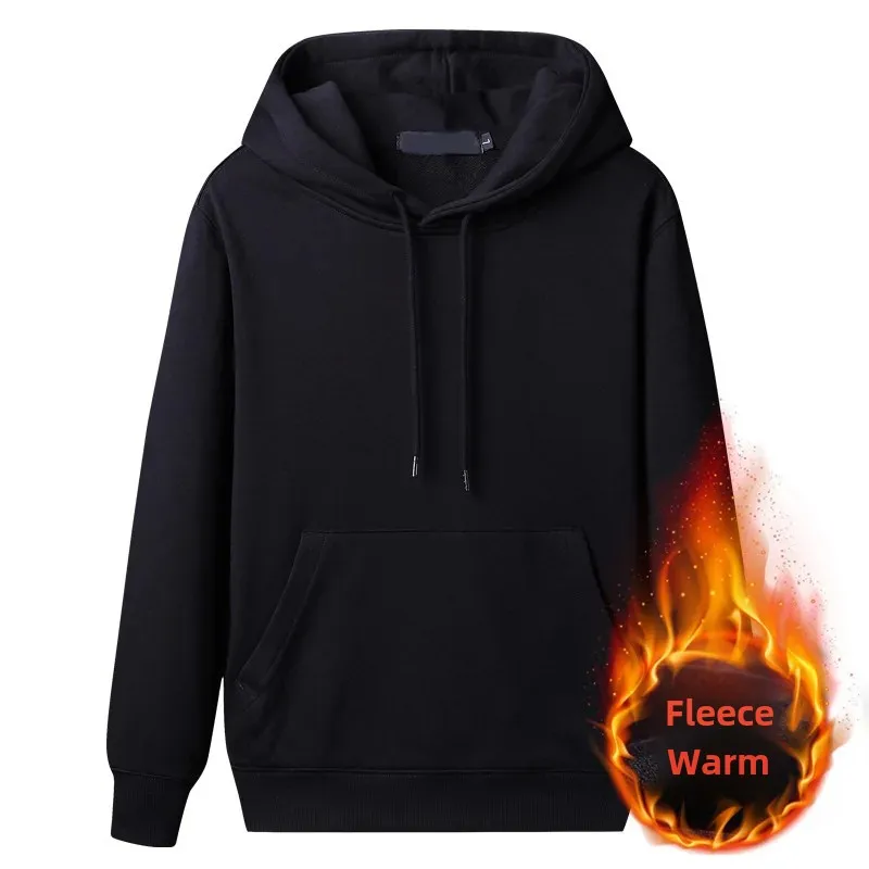 Trendy Thickened Fleece-Lined Men's Hooded Sweatshirt Warm Pullover Cap Round Neck Top Korean Style Autumn Winter Solid Color