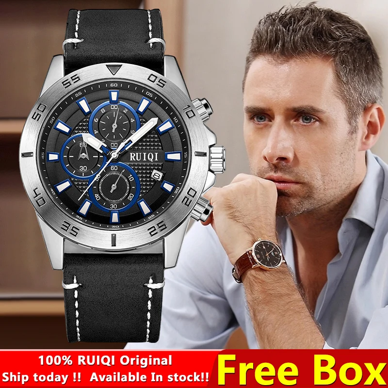 100%original RUIQI Luxury Watch for men TOP Brand Waterproof sports Stainless steel Chronograph Fashion Luminous wristwatches