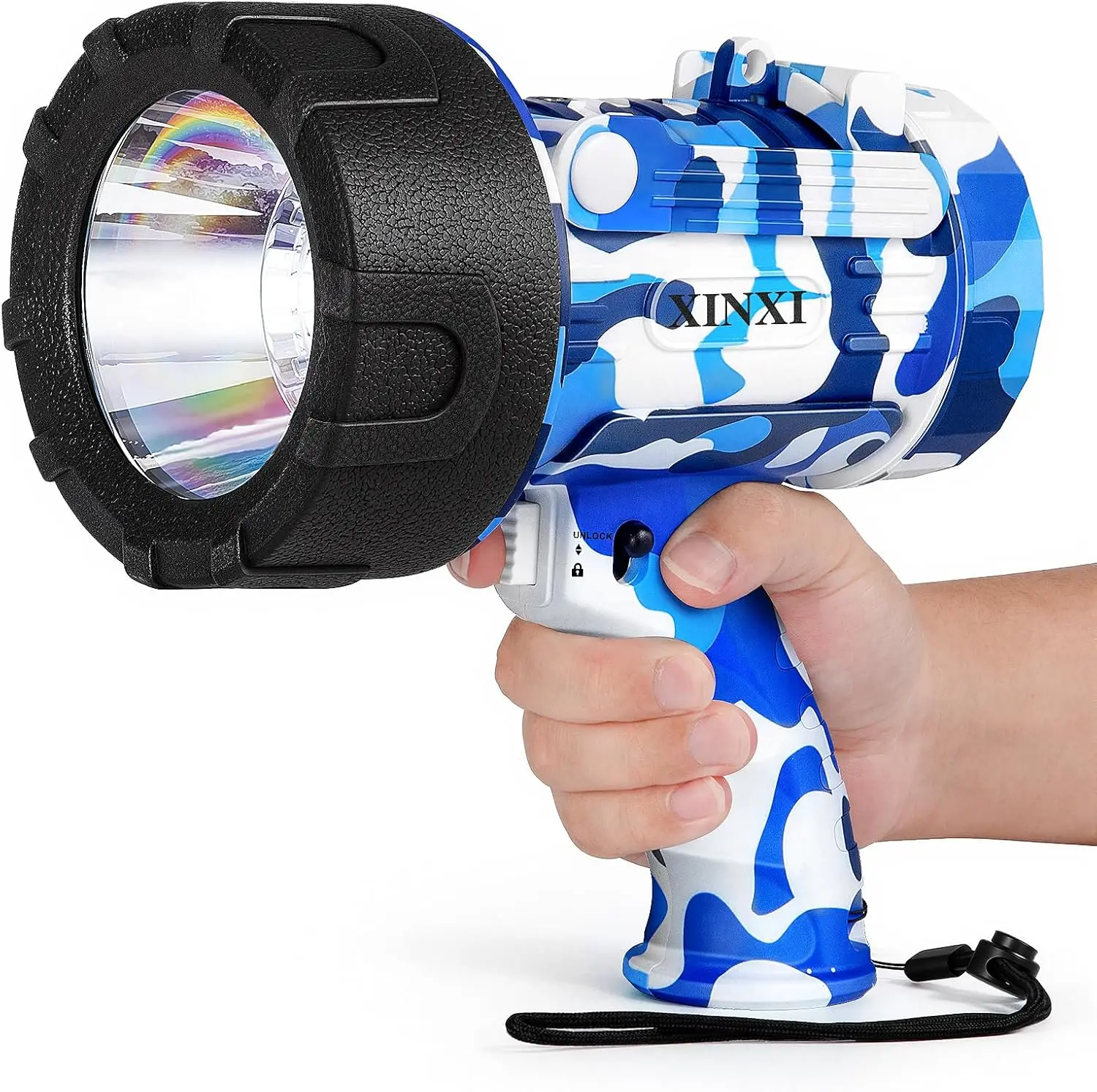 

Перезаряжаемый прожектор 1000 000 люмен, водонепроницаемый уличный фонарик IP67 для охоты, кемпинга, рыбалки (синий)