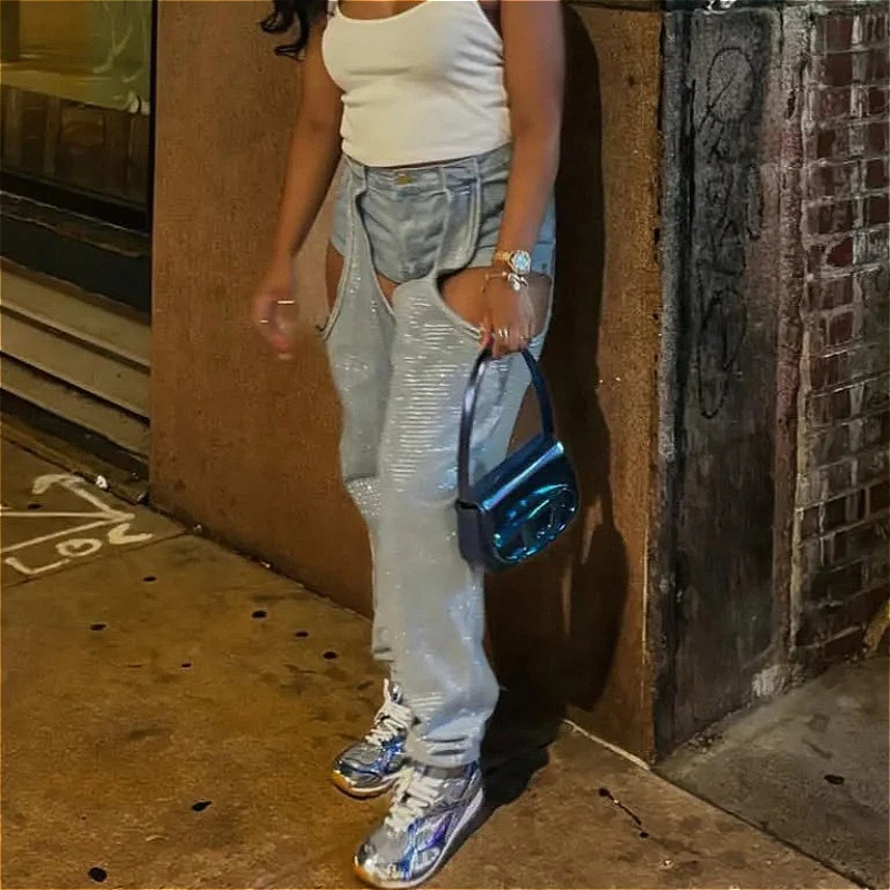 2026 Jeans Irregular Pants Women Hollow Out High Waist Diamonds Distressed Stretch Ankle Length Trousers Streetwear Denims