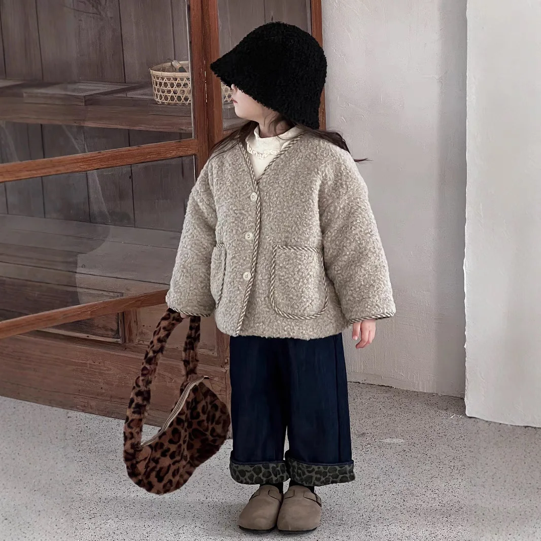 Girls Coat 2024 Winter New Childrens Clothes Girls Baby Foreign Style Thickened Warm Wooly Wooly Coat Casual Simple Daily