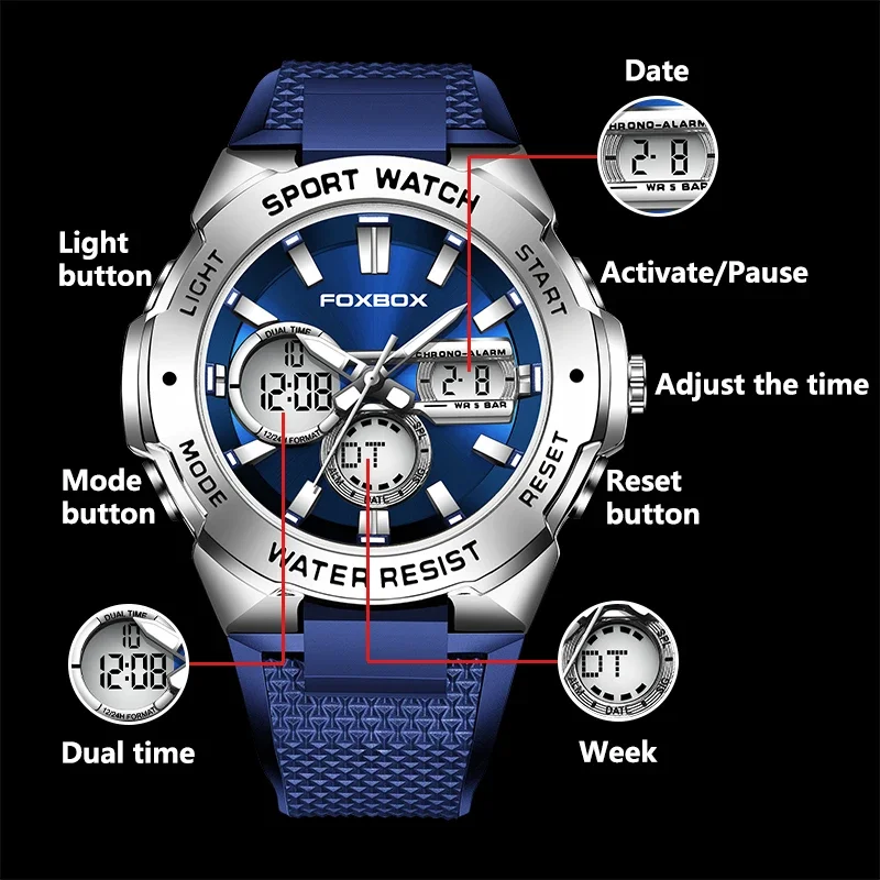 FOXBOX Casual Sport Electronic Man Watch Silicone Strap Waterproof LED Watches for Men Fashion Dual Digital Display Alarm Clocks