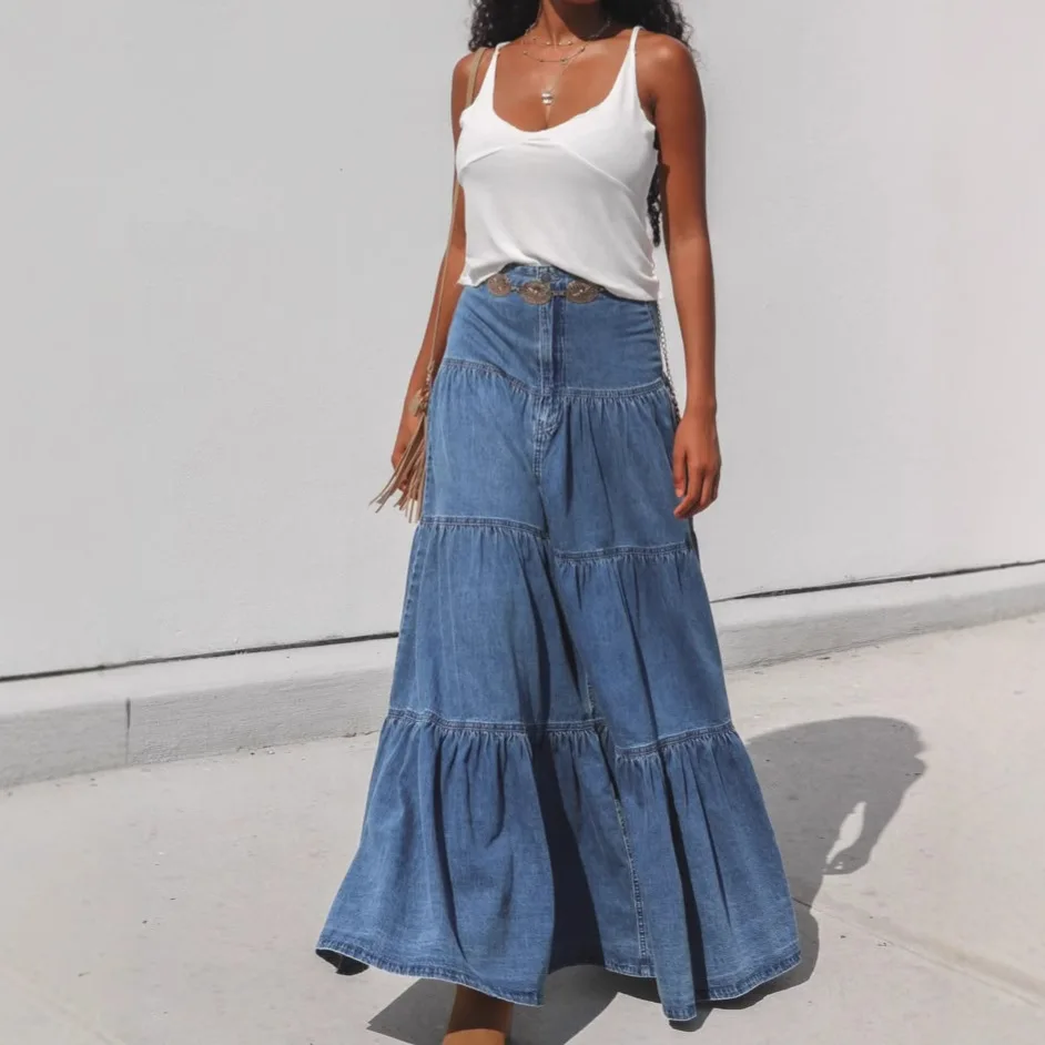 Street Sle Low Waist Denim  Skirt Women Casual Cake Design A-Line Skirts Spring Summer Faion High Waist Long Skirts