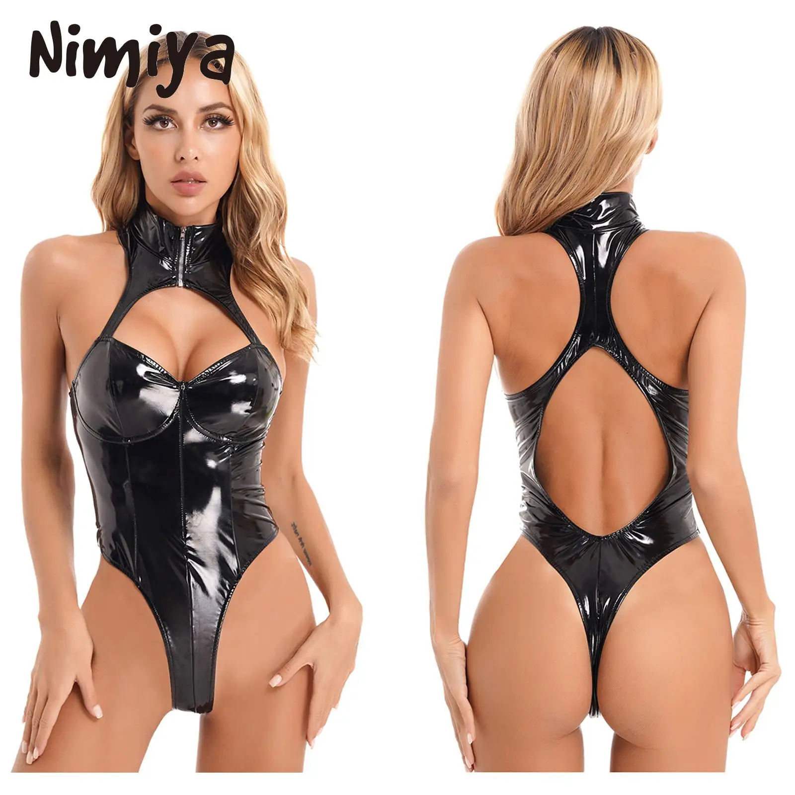 

Nimiya Womens Wet Look Solid Patent Leather Sleeveless Bodysuits Mock Neck with Zipper Cutouts Club Stage Performance Costumes