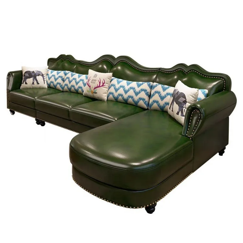 

American pastoral hair leather sofa first layer cowhide small apartment universal corner rural leather art new leather sofa