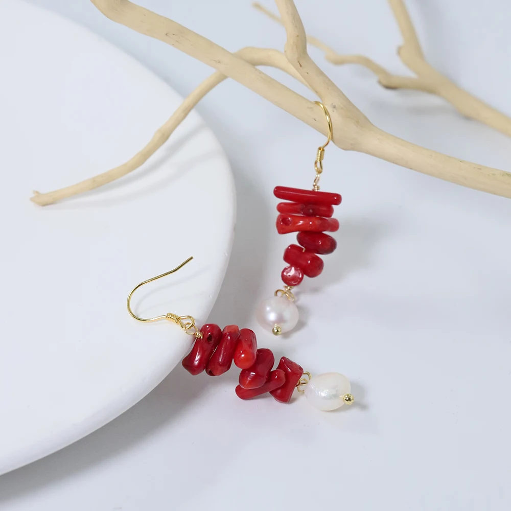 Natural Freshwater Pearl Long Red Coral Earring Korean Style Women Luxury Jewelry Fashion Ladies and Girls Gift GE1549