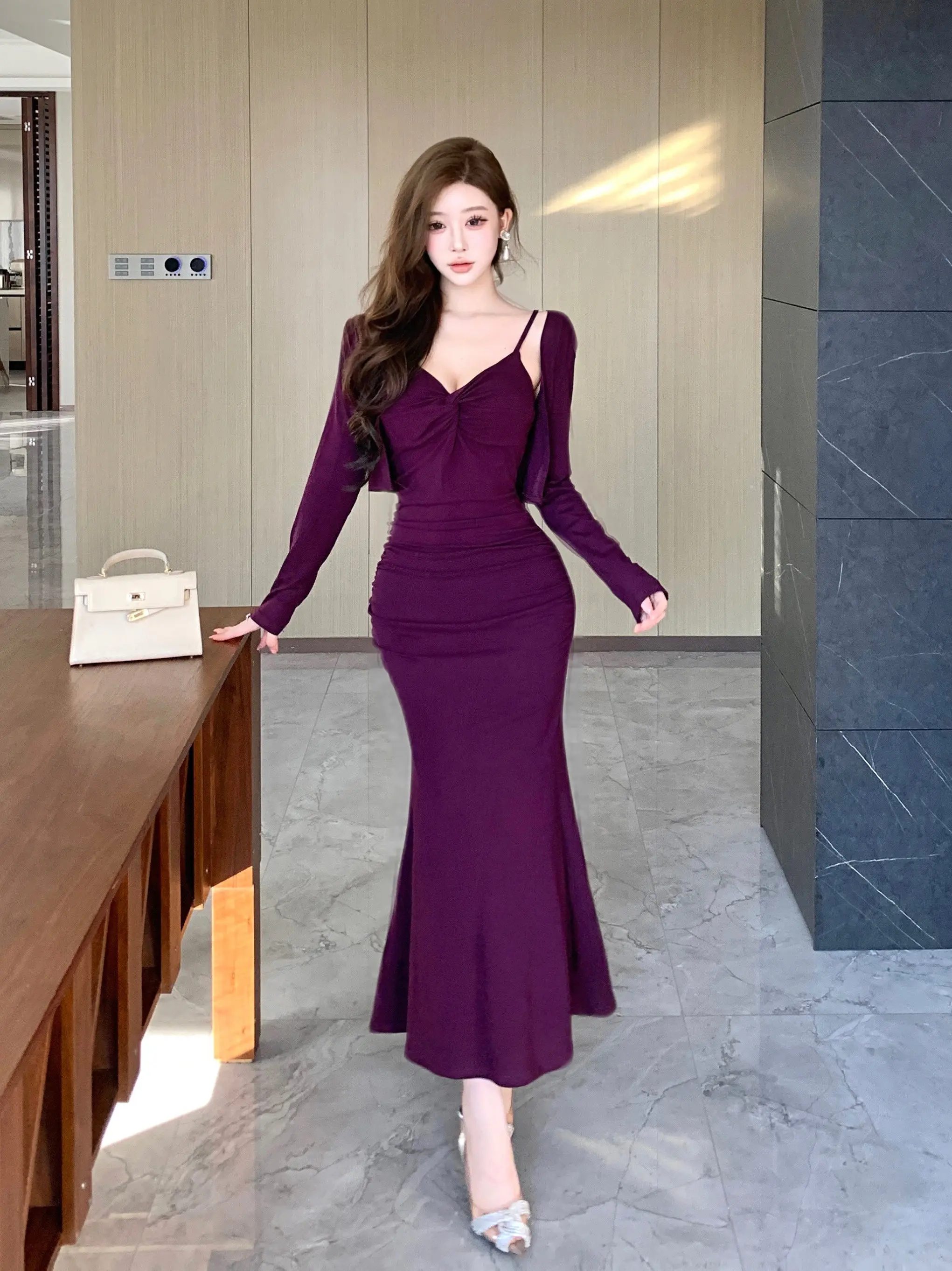 

Sexy Spicy Girl Pleated Waist Cinched Strap Dress Women Summer Slimming Long Sleeve Open Cardigan Two Piece Set Women's Fashion