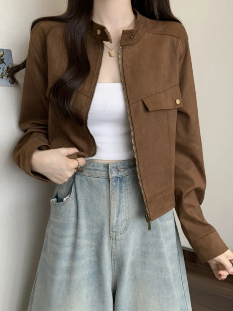 Chic Short Biker Jacket Women's plus Size Faux Suede Vest Autumn Fashion Shoulder Widthened Straight Cut Zipper Design