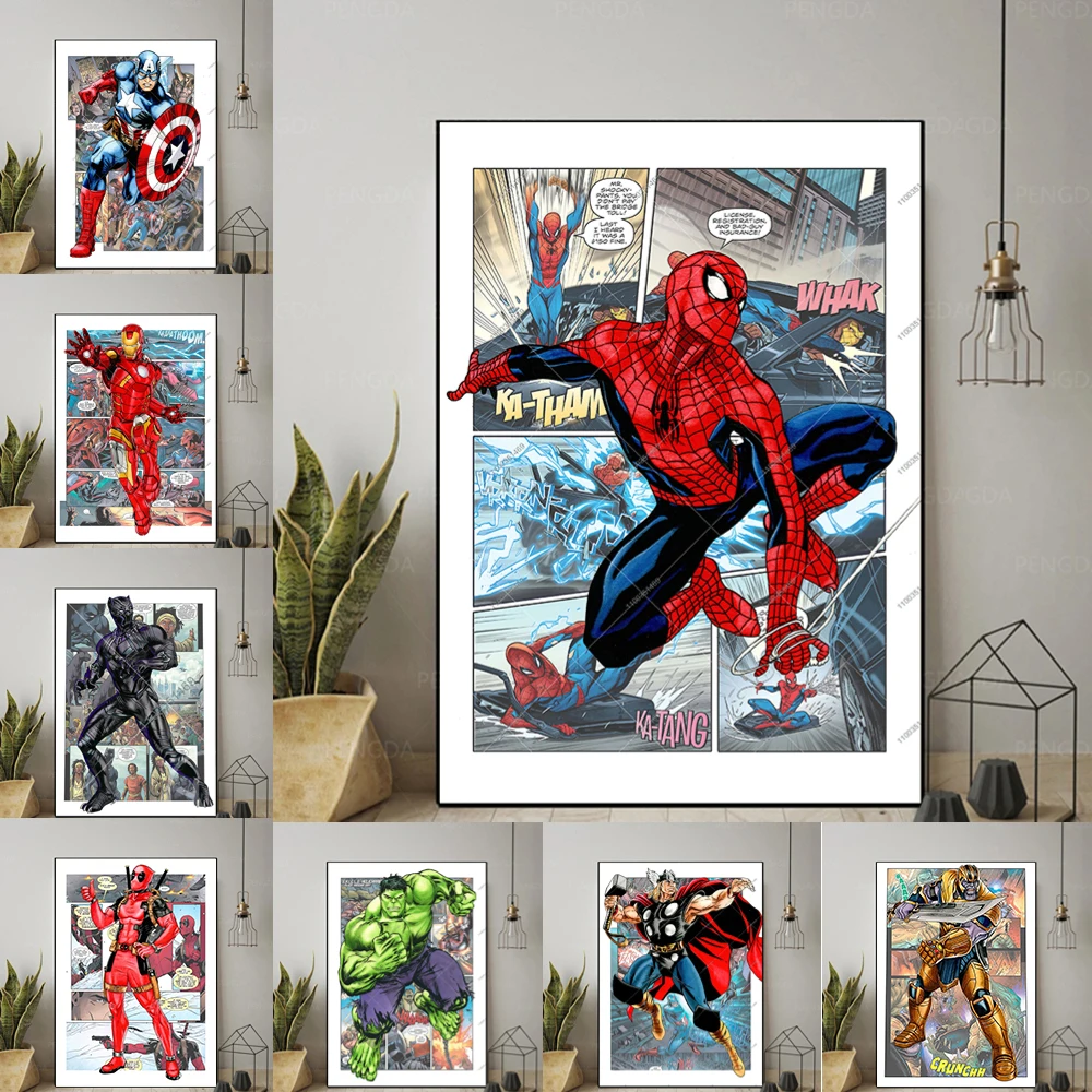 MINISO Marvel Spider Man Iron Man Hulk Thor Anime Cartoon Character Wall Art Poster Home Room Decoration Canvas Painting Prints