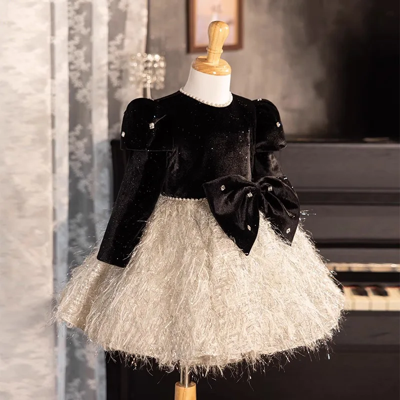 Girls' New Halloween Light Luxury High-End Piano Performance Host Birthday Princess Gown Dress