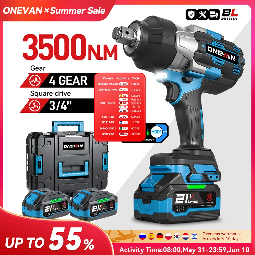ONEVAN 3500N.M clé à chocs électrique sans brosse 3/4 pouces clé à couple élevé sans fil outil électrique pour Makita 18V broche de batterie