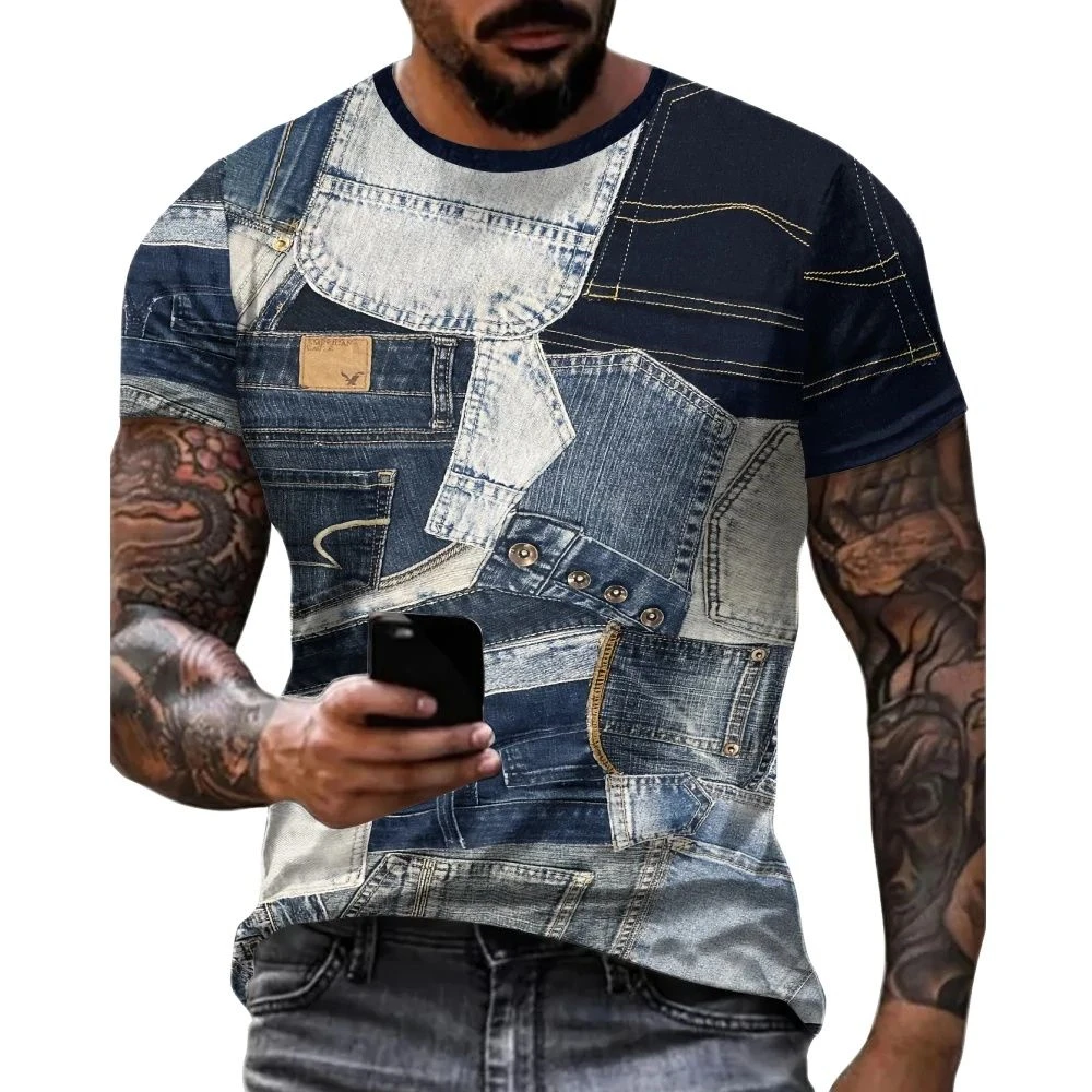 New Denim Pattern 3D Men's T Shirt Summer Short Sleeve O-Neck Pullover Fashion Street Sportwear Oversized Casual Male Clothing