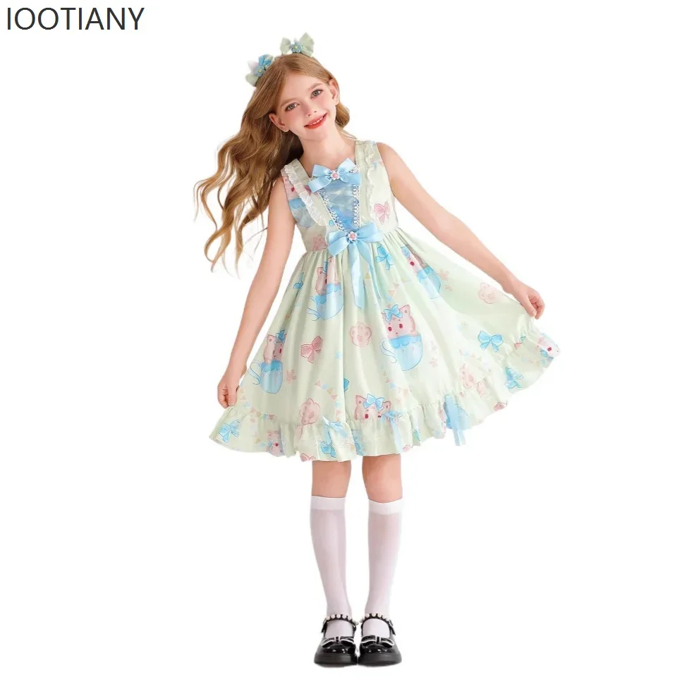 CosplayNiños dulce y linda chica Lolita cuello cuadrado arco Rosa estampado de conejo sin mangas encaje niña vestido de princesa Cosplay Costu
