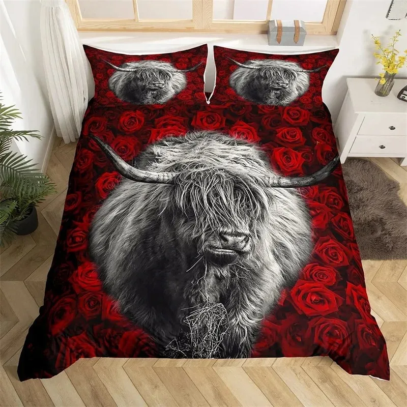 Highland Cow Duvet Cover King Queen Western Farm Animal Comforter Cover Microfiber Bull Cattle Floral Bedding Set For Kids Teen