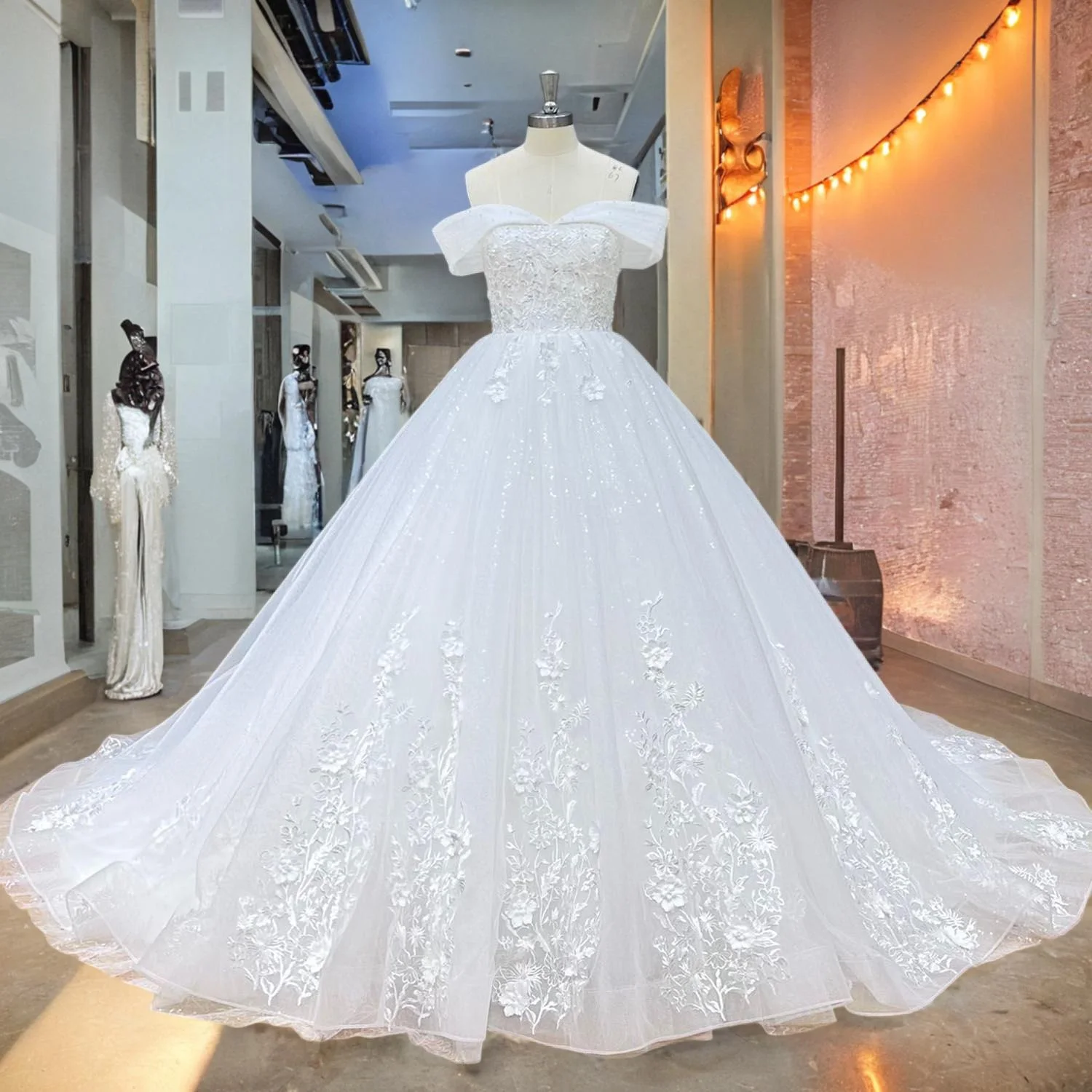 

Hire Lnyer Sweetheart Neck Short Sleeve Lace Up Back Pearls Flowers Beading Sequins Appliques Shiny Ball Gown Wedding Dress