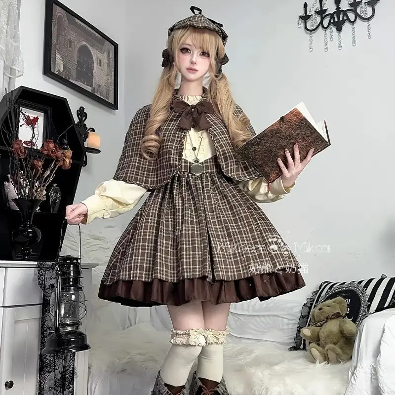 ชุดคอสเพลย์นักสืบฮาโลวีน ชุดมินิเดรสปาร์ตี้สไตล์พังก์ Y2k ชุดสไตล์พรีปปี้ ชุดโลลิต้ากอธิค ชุดเดรสลายสก็อตพร้อมเสื้อคลุมสำหรับผู้หญิง