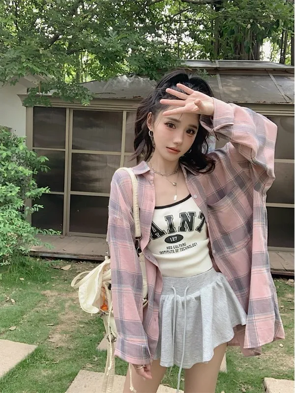 الكورية الرجعية الوردي منقوشة بولو طوق طويلة الأكمام قميص للنساء الخريف Harajuku عادية فضفاض تنوعا ملابس خارجية القمم سترة