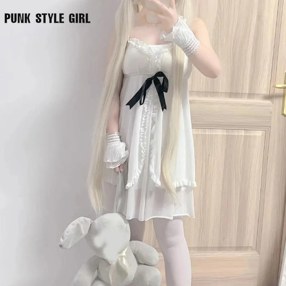 Bianco dolce anime costume cosplay ragazza dolce lolita vestito fionda sexy kawaii pigiama giapponese camicia da notte estiva volant indumenti da letto