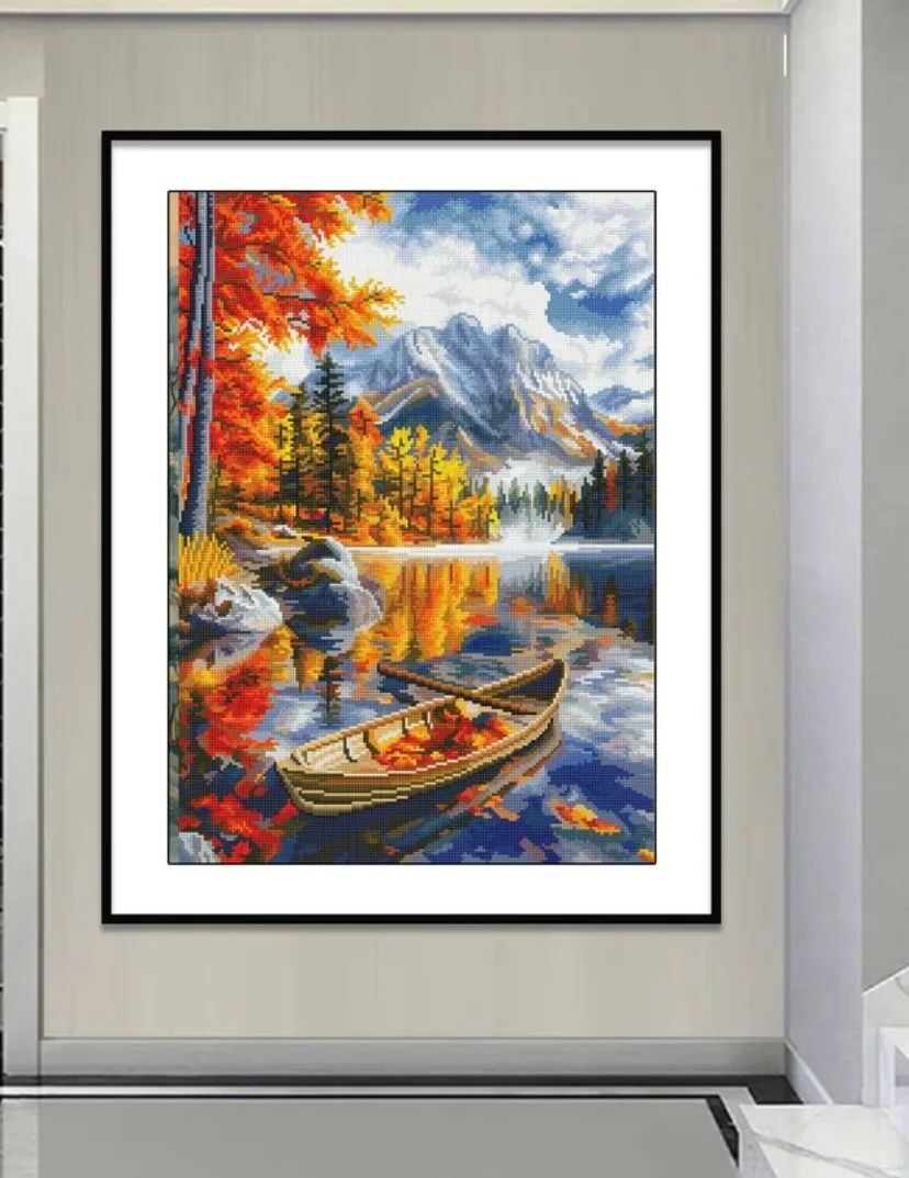 

9ct 60x80cm Autumn Lake Embroidery DIY Chinese Style Printed Kits Cross Stitch Needlework Set Home Decor Crafts New