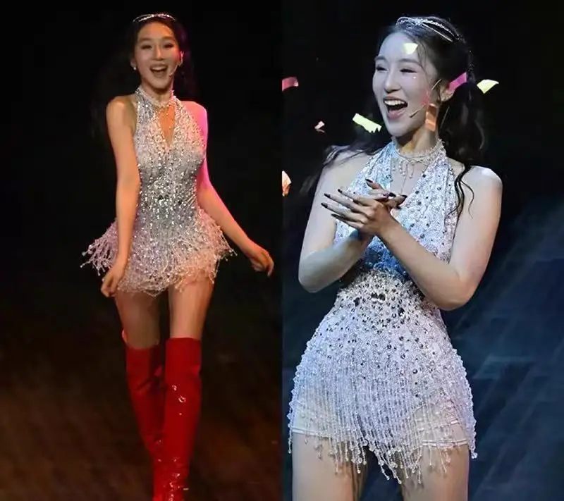 

Sparkly Rhinestones Pearls Fringes Bodysuit Dancer Stage Wear Club Outfit Sexy Deep V Neck Backless Performance Dance Costume
