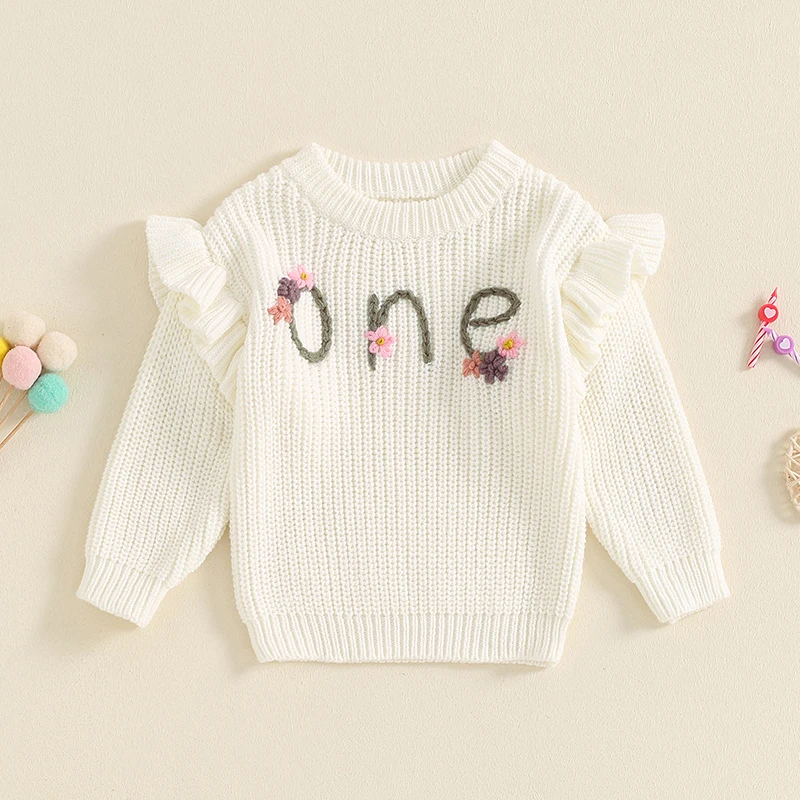 Pull avec broderie de lettres florales pour nouveau-né, pull décontracté pour bébé fille, tricots chauds pour tout-petits, anniversaire