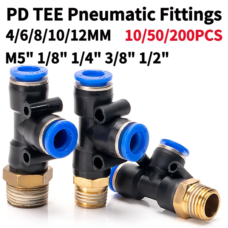 PD Pneumatic Connector T-Shaped Tee Air Fitting for 4mm-12mm Hose Tubes and 1/4