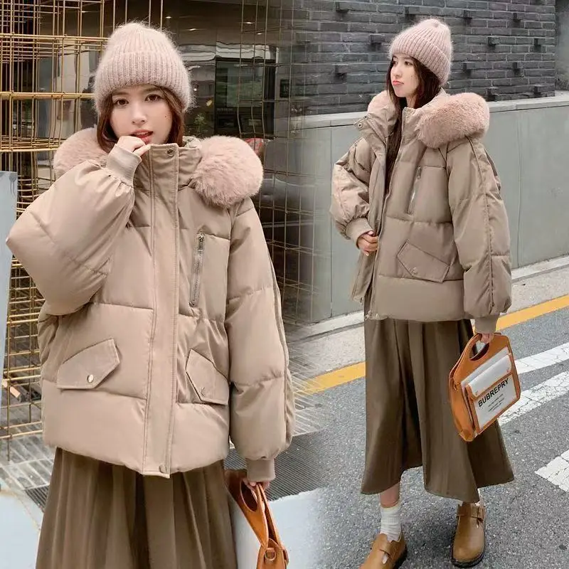 

Women Winter Fur Collar Hooded Parka Fashion Letter Patch Zipper Pockets Design Long Jacket Elegant Slim Warm Thick Female Coats