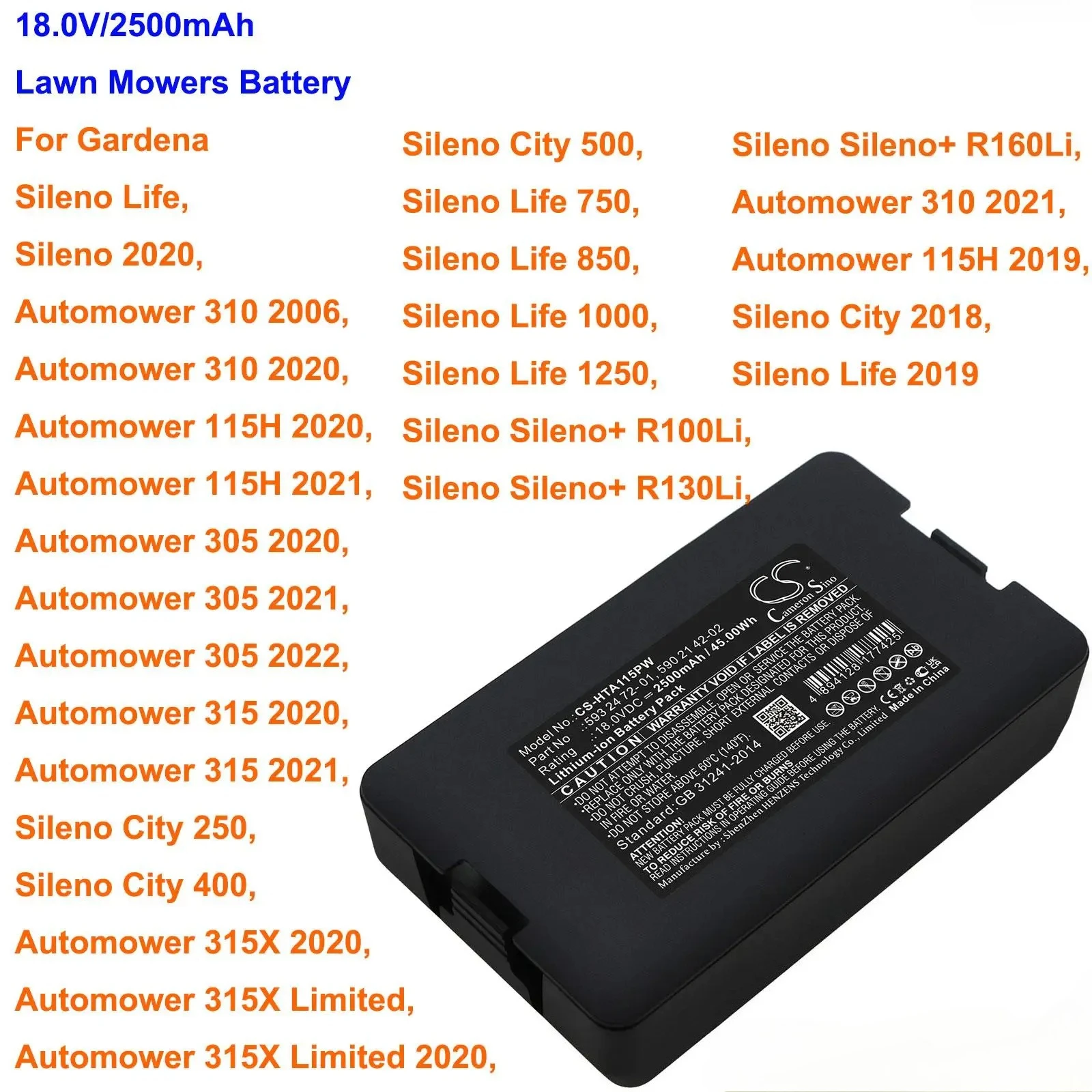 

Аккумулятор Cameron Sino 2500 мАч для газонокосилок Gardena Automower 310, 115H, 305, 315, 315X, Sileno Life 1250/R100Li/R130Li/R160Li/2019