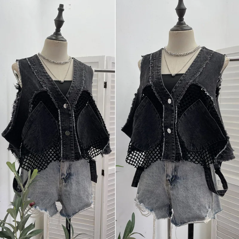 Sexy Rough Edge Denim Splicing Grid Vest Loose V-neck Sleeveless Jacket Coat Women