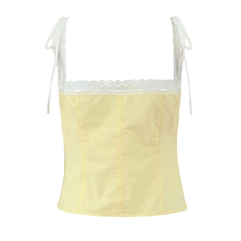 YENKYE New 2025 Women Front Button Lace Spliced Summer Tank Top Sexy Slim Fit Cotton Holiday Crop Top Chic Party Streetwear