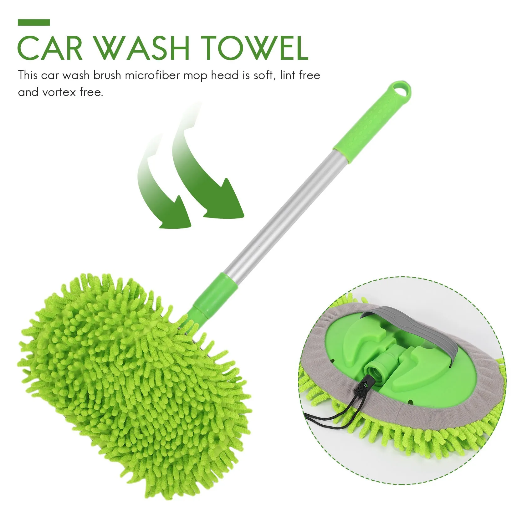 2 in 1 Car Wash Mop Mitt with Long Handle, Chenille Microfiber Car Wash Dust Brush Extension Pole 24-46In, Scratch Cleaning Tool