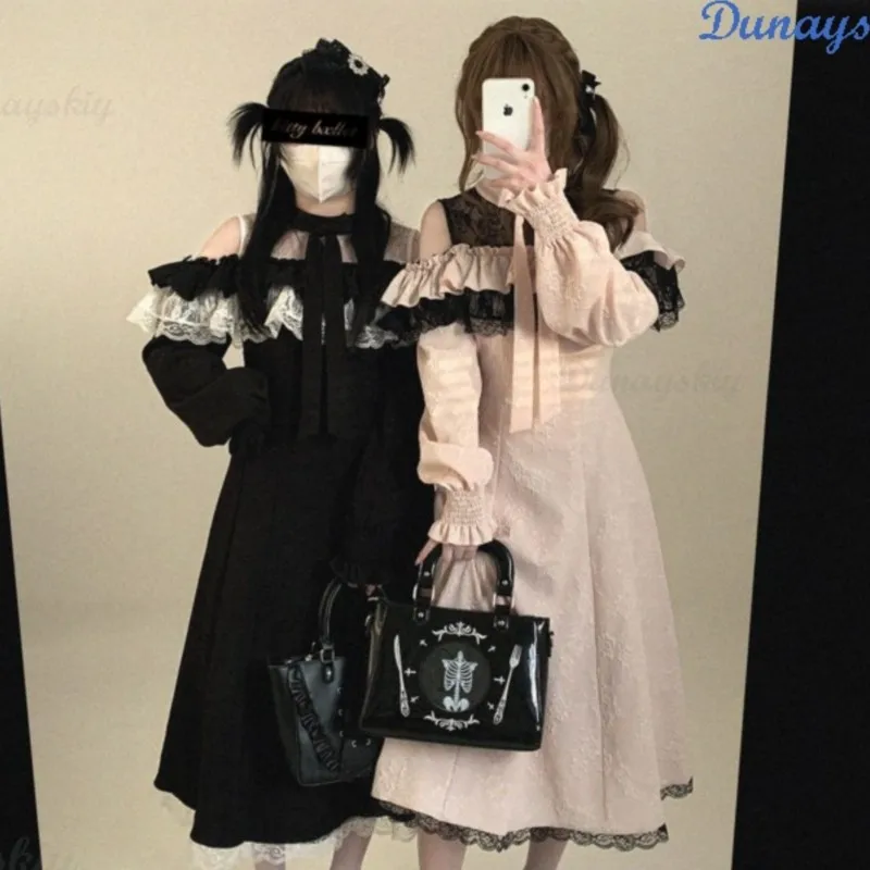 Vestido Lolita Japonés Original, Vestido Largo con Encaje Rosa, Estilo Jirai Kei, Ropa Sexy para Citas para Mujeres Adultas, Blanco y Negro