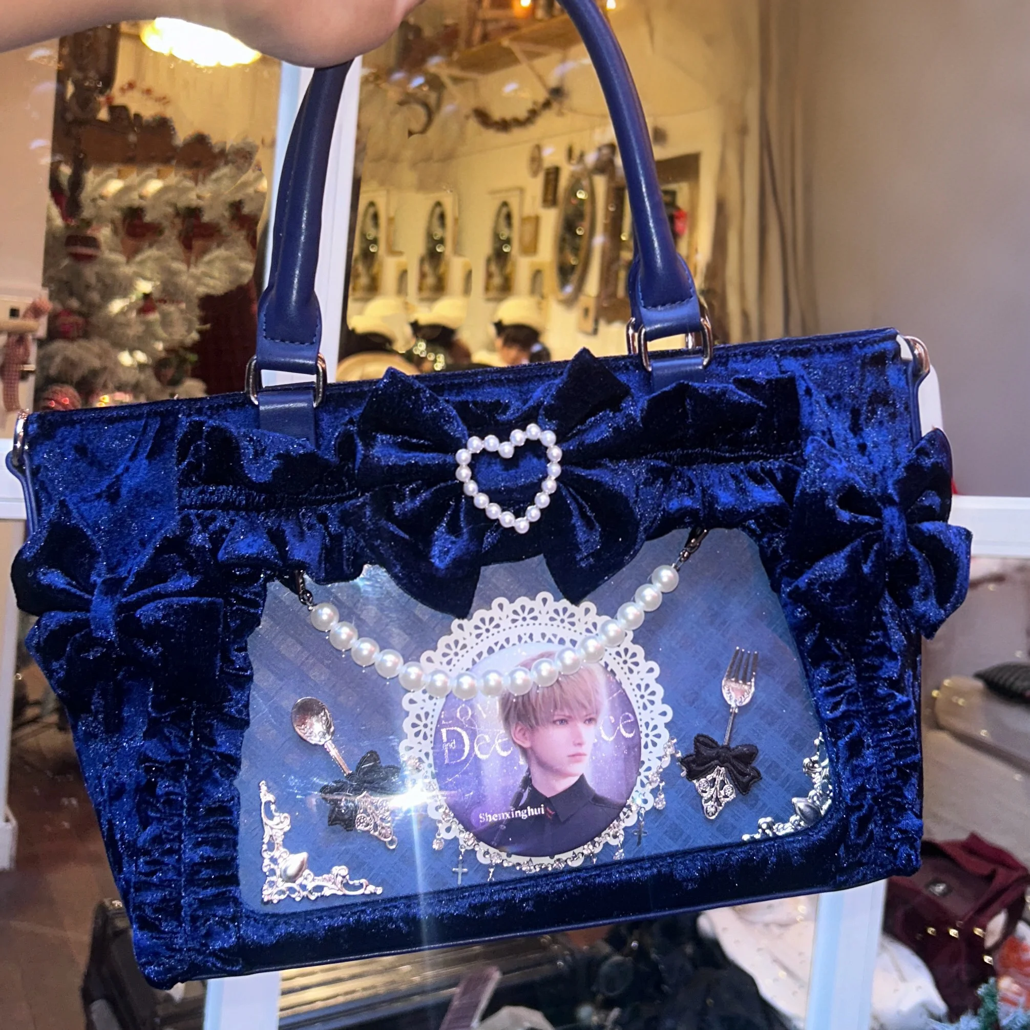 Original Mine Mass-produced Lolita Velvet Princess Handbags Pearl Bow Exquisite Tote Bag Women Sweet Itabag Gorgeous Mini Bag
