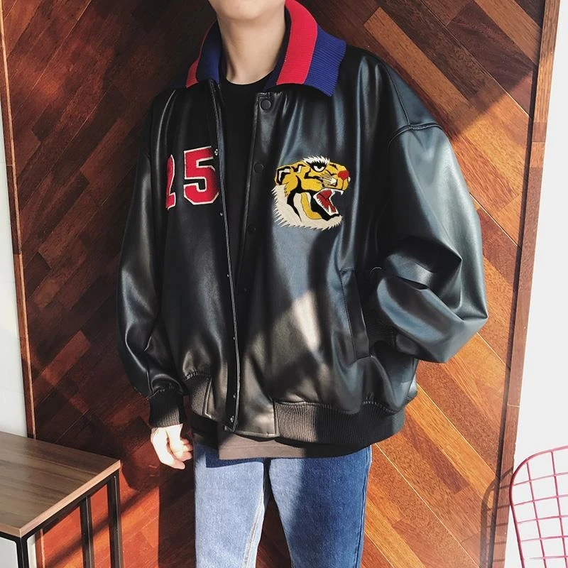 

Мужская стильная мотоциклетная куртка из искусственной кожи в корейском стиле с вышивкой в виде головы тигра, модная мужская верхняя одежда