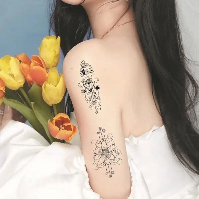 Water Transfer Tattood Girl Black And White Sketch Tattoo Stickers Flower Pattern Design Rich Styles Easy To Clean