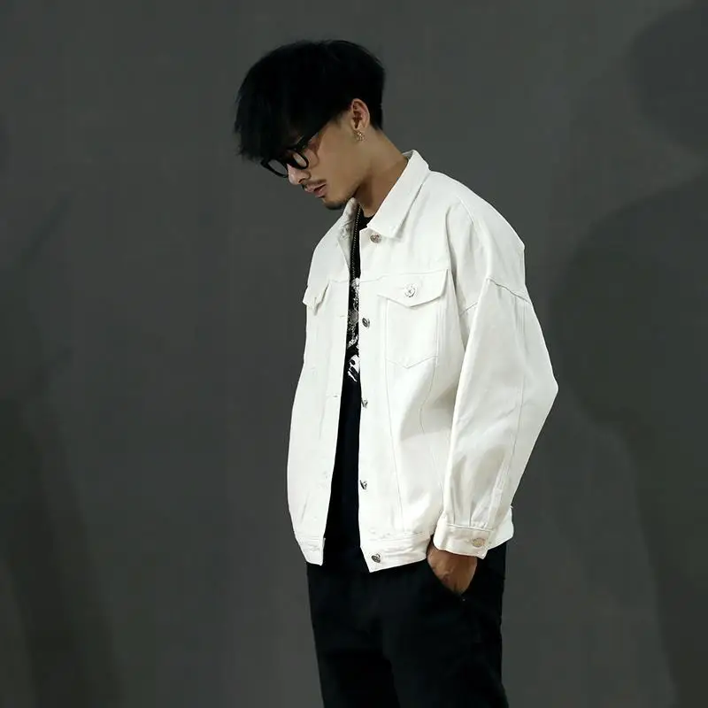 

Retro White Lapel Men's Denim Jacket Korea Size L Low Price Rock Japanese Worn Lxury in Lowest Menswear Original Male Jean Coats