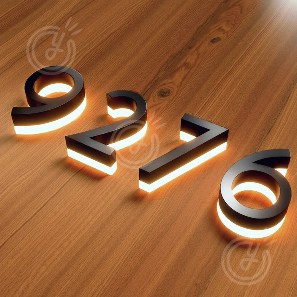 رقم المنزل المخصص في الهواء الطلق ثلاثية الأبعاد LED رسائل معدنية تسجيل لواجهة متجر الأعمال في الهواء الطلق مقاوم للماء علامات الباب الخلفية مضيئة