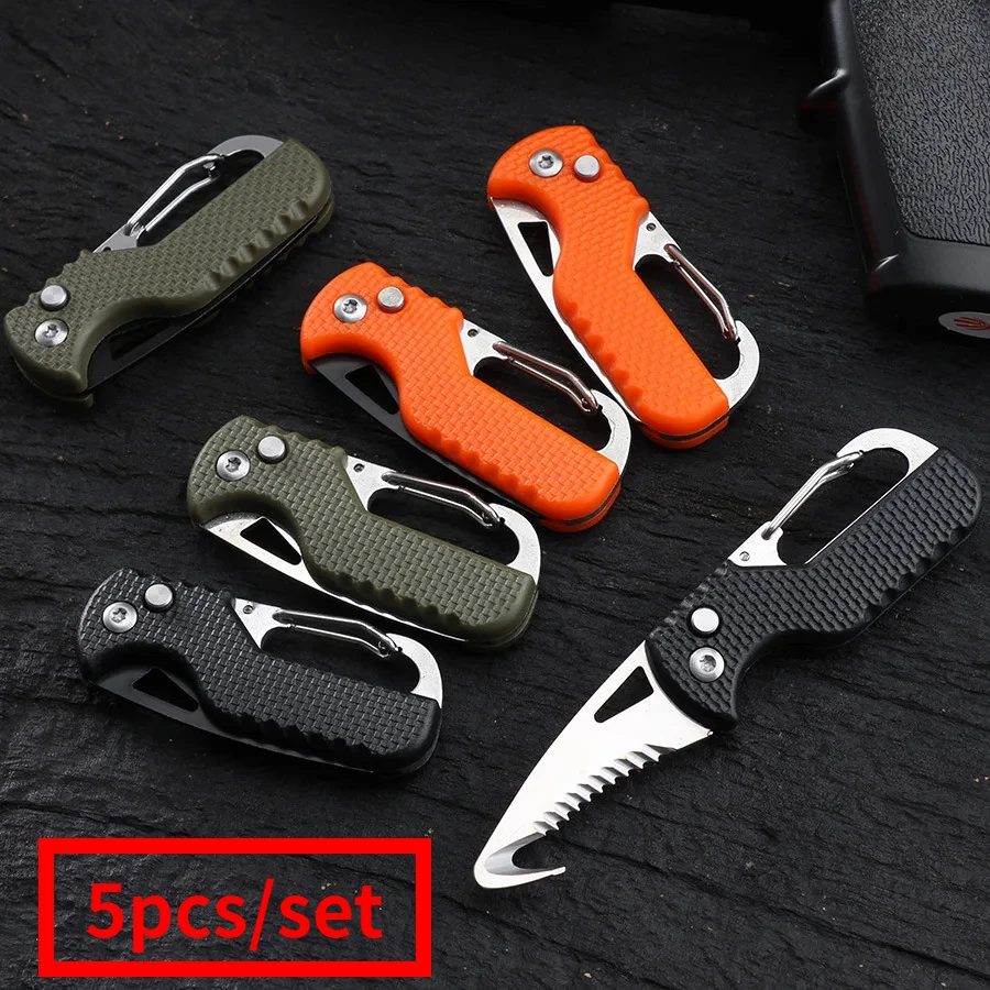 

5pcs Portable Folding Knife Multifunctional Serrated Hook Knife Outdoor Camping Keychain Survival Cutter Box Opener Edc Tool