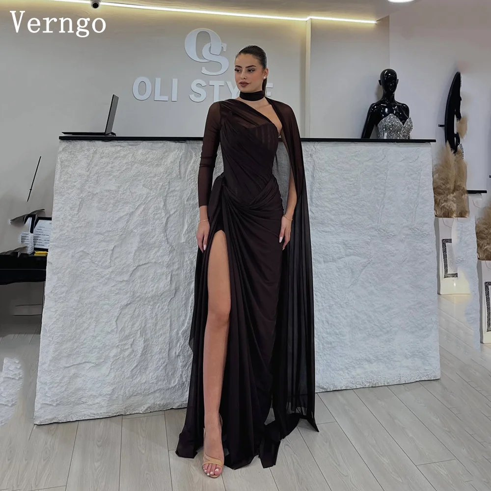 

Verngo Brown Chiffon Evening Dress One Shoulder Mermaid Side Slit Prom Gowns Shawl Women Elegant From Dress Customized