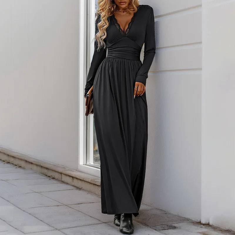 Women'S Dress V-Neck Long Sleeved Dress Women'S Autumn Solid Split High Waist Slim Fit Long Dress Women'S Sexy Temperament Dress