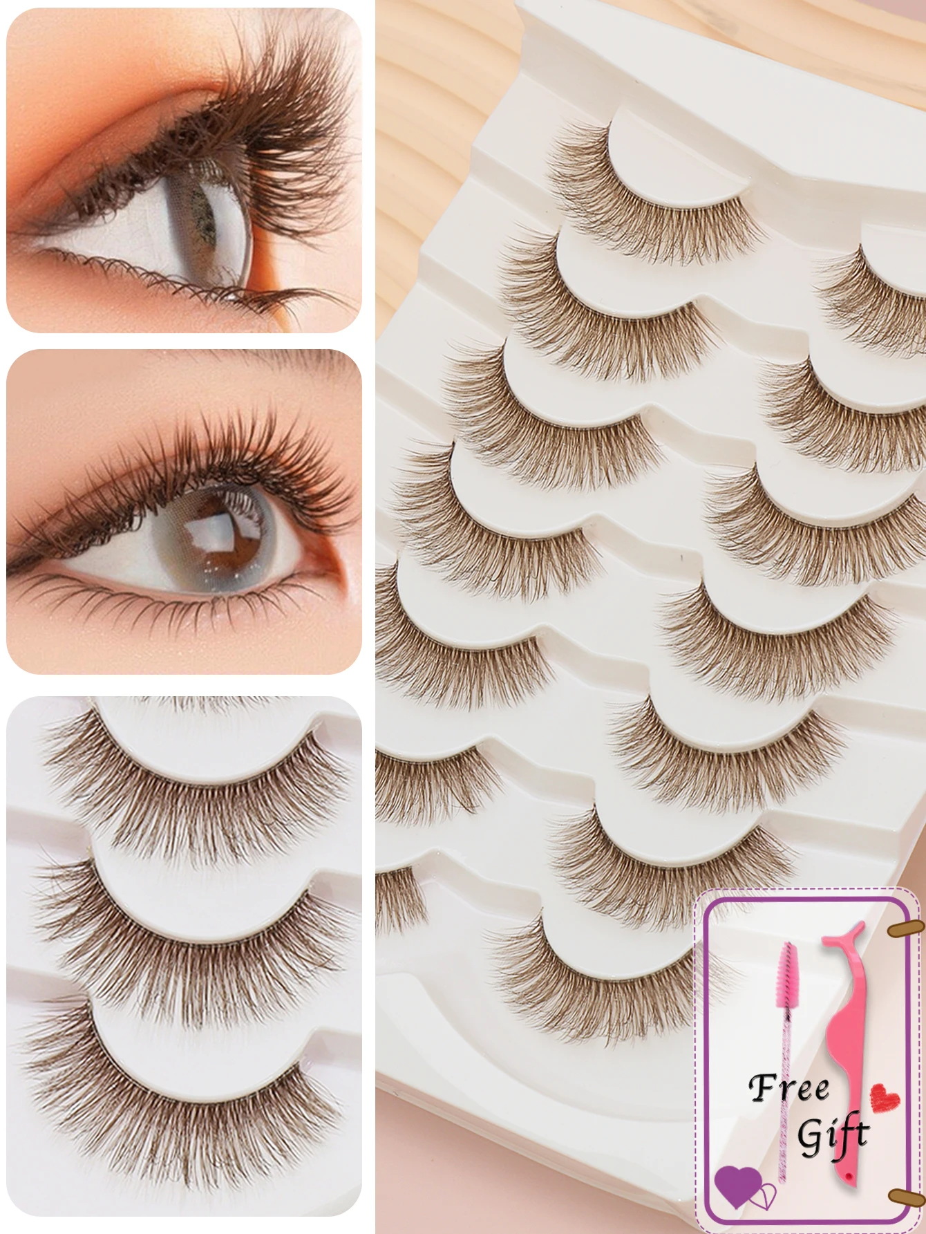5 pairs brown eyelashes Natural sharpened style Beautiful wear comfortable effect Fake Lashes Makeup